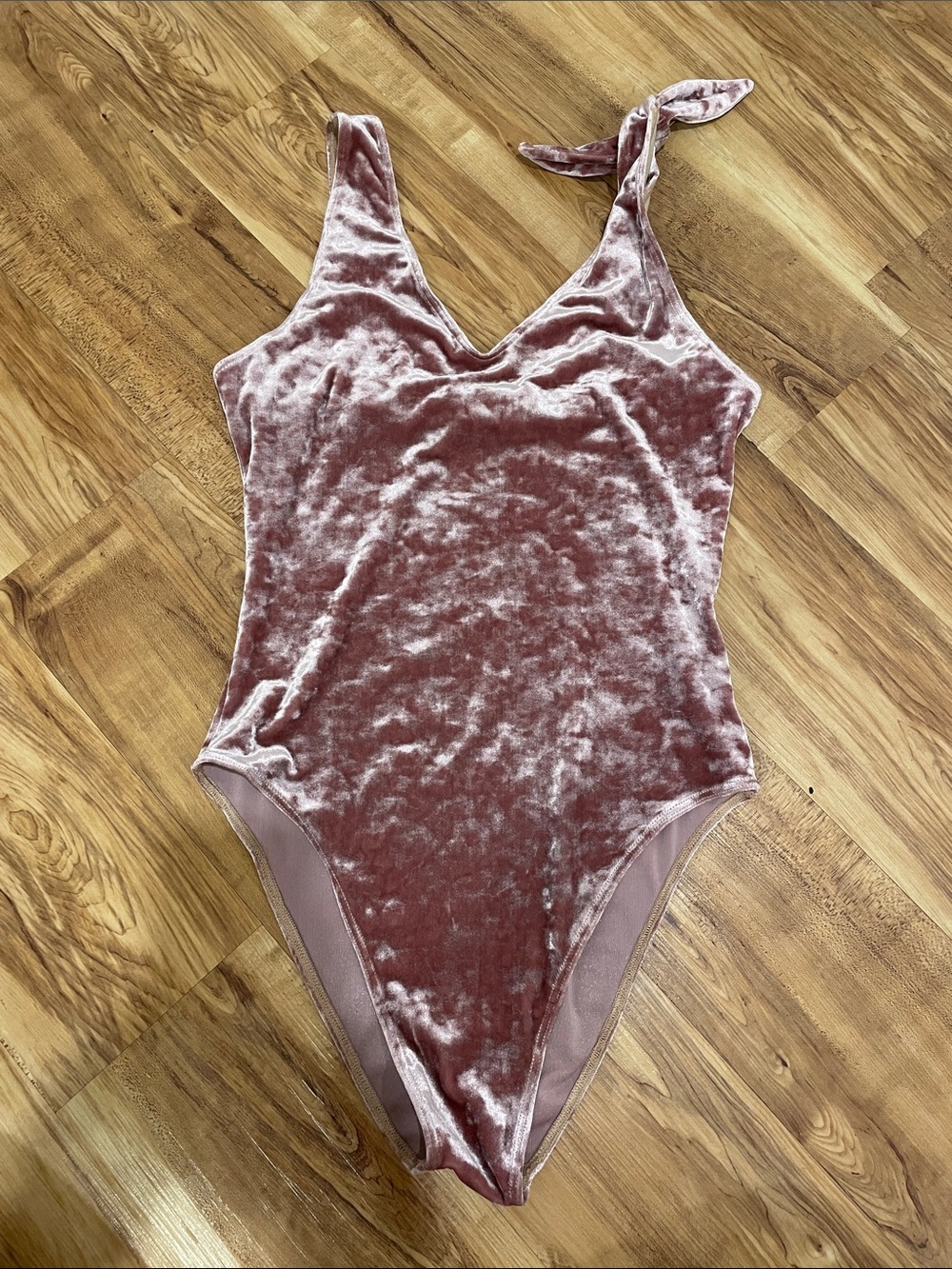 Velvet Tie-Shoulder One-Piece Bodysuit - Mauve Pink